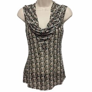 Diane Von Furstenberg Ruffled Lotus Pattern 100% Silk Black/Orange Sheer Blouse